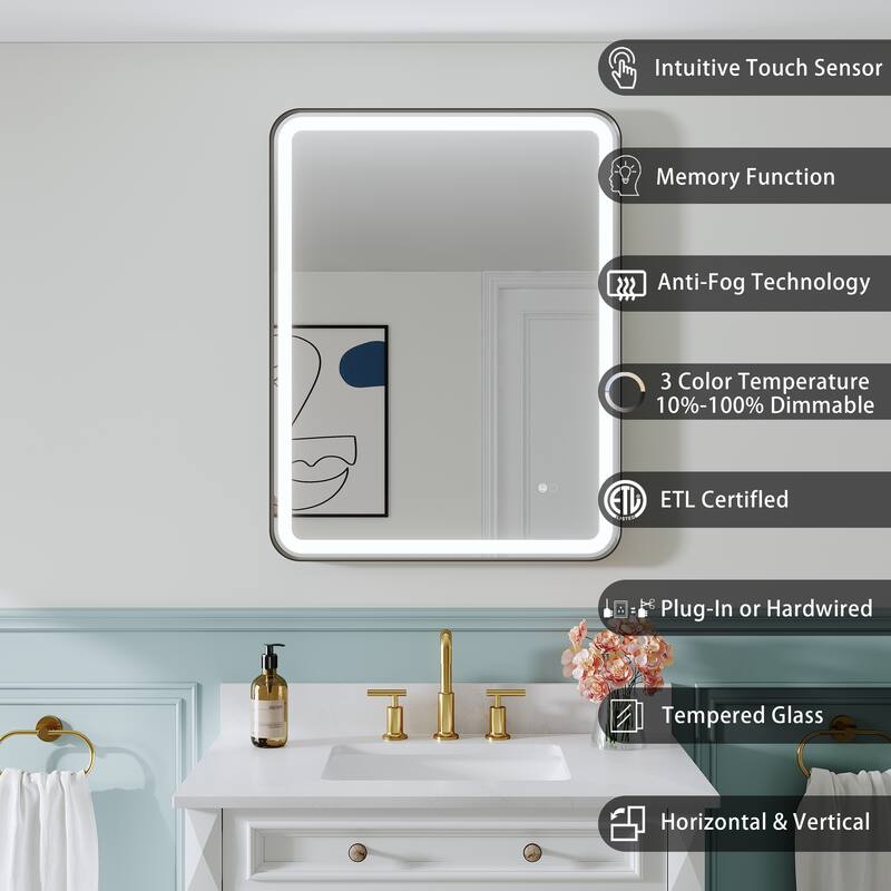 Wall Mounted Bathroom Framed LED Mirror With Anti- Fog,Memory Function And Dimmable Light Touch Sensor
