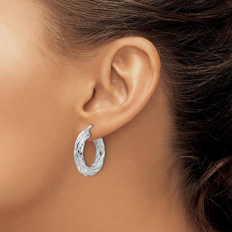 Curata 14k White Gold Polished Woven Texture Round Hoop Earrings - 24.9x23.6mm