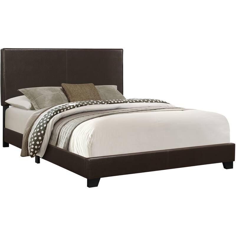 Queen Size Upholstered Bed with Leather-Look Headboard, Brown
