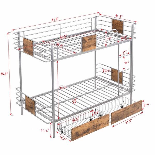 dimension image slide 1 of 2, Industrial Modern Space-saving Twin XL over Twin XL Metal Bunk Bed with MDF Board Guardrail and Two Storage Drawers, Silver