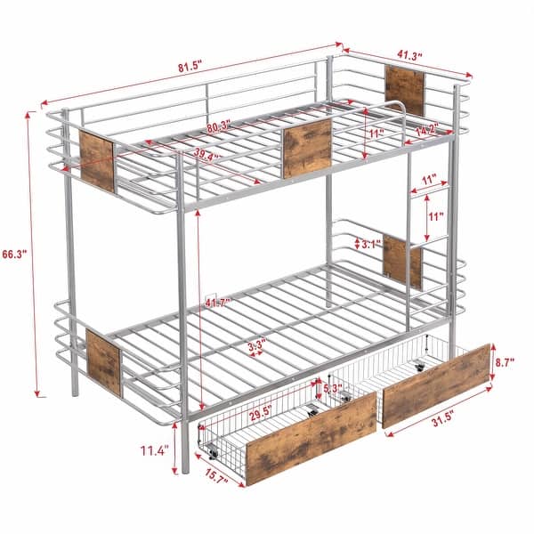 dimension image slide 1 of 2, Twin XL over Twin XL Bunk Bed with Board Guardrail and 2-Storage Drawers, Silver