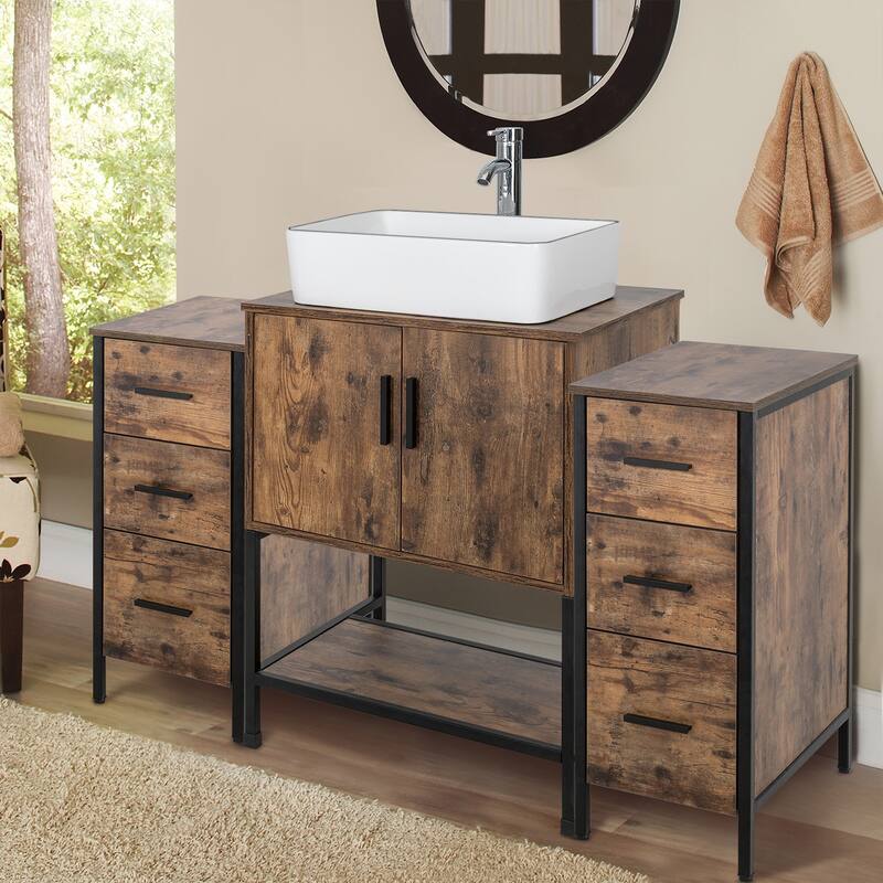 48" Bathroom Vanity Set Organizer Top Vessel Sink W/ Faucet Drain Cabinet Combo
