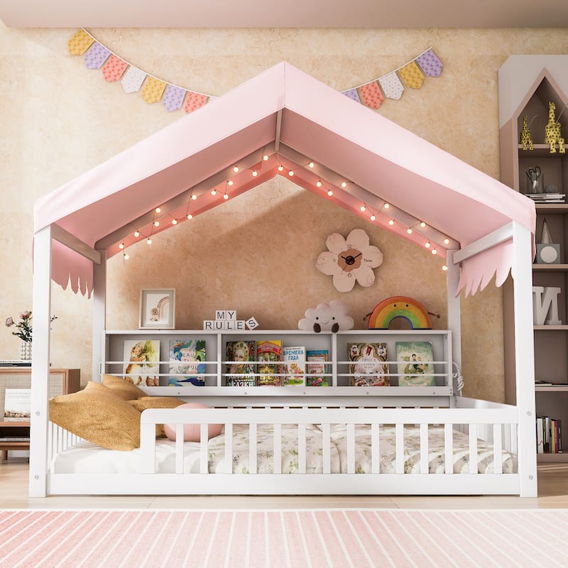 GDFStudio - Solid Wood Full Size House Floor Bed with Storage Shelves and LED