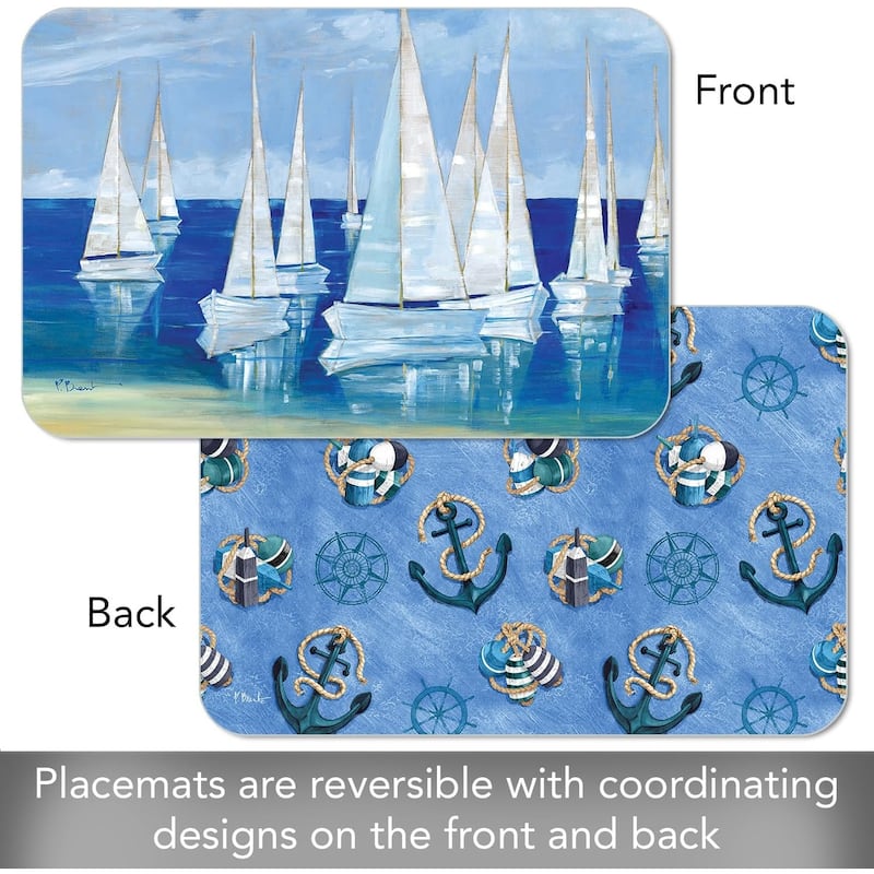 Blanco Beach Sailboats 4 Pack Reversible Easy Care Flexible Plastic Placemats Made in The USA BPA Free Easily Wipes Clean