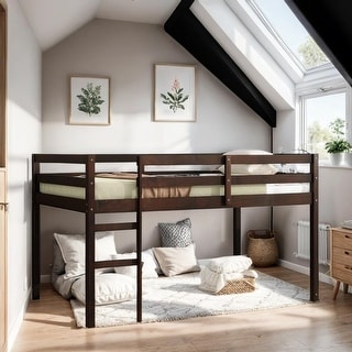 Stylish & Simple Solid Wooden Twin Loft Bed with Ladder, Sturdy Construction & Safety Guaranteed, Space-saving, Espresso