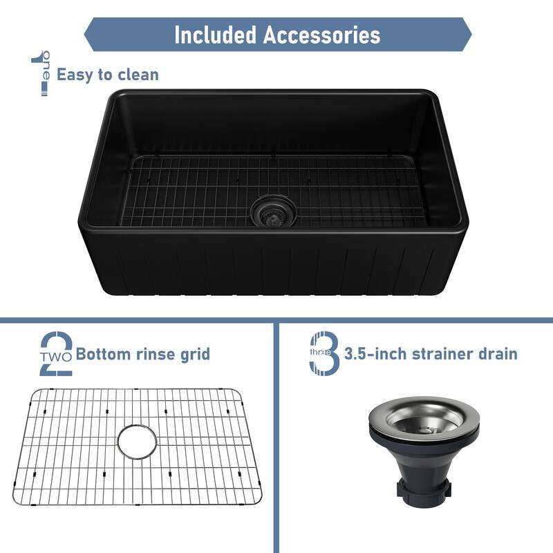 All-in-One Striped Design Reversible Installation Single Bowl Farmhouse/Apron-Front Fireclay Kitchen Sink with Kitchen Faucet