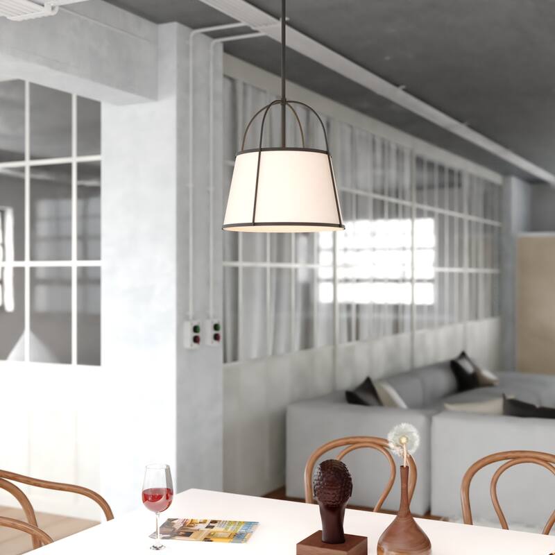 Marion 1-Light Mid-Century Modern Cone Pendant with White Fabric Shade, Adj Ht Ceiling Chandelier Dining Room Fixture