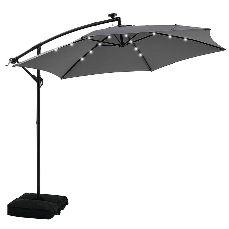 Autlaycil 10ft Offset Hanging Market Patio Umbrella With Base&Solar Lights - Gray