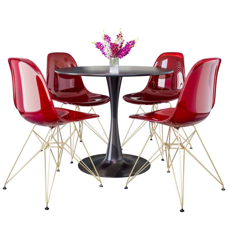 5-Piece Dining Set with 35" Round MDF Table and 4 ABS Plastic Side Chair with Gold Metal Legs - Transparent Red