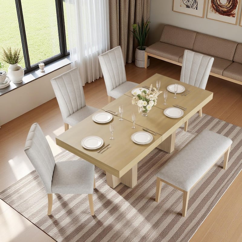 6-Piece Farmhouse Extendable Dining Set with 78" Solid Rubber Wood Table, 4 Padded Linen Chairs & Upholstered Bench