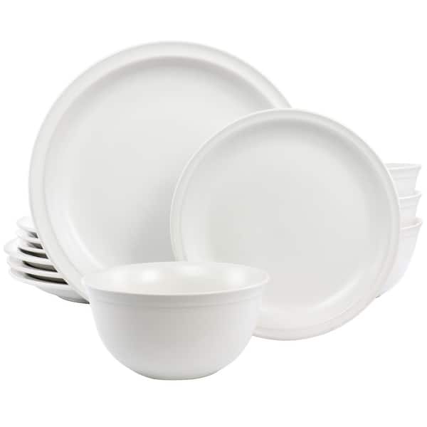 Modern White Round Stoneware Dinnerware Set 12 Pieces Bed Bath