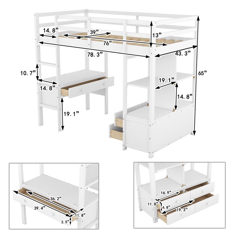 Twin/Full Loft Bed with Desk, Multiple Storage Shelves, Drawers, and Sturdy Pine Wood Frame