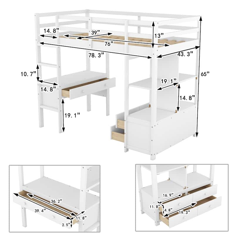 Twin Size Kids Loft Bed with Desk, Storage, Ladder & Safety Guardrail