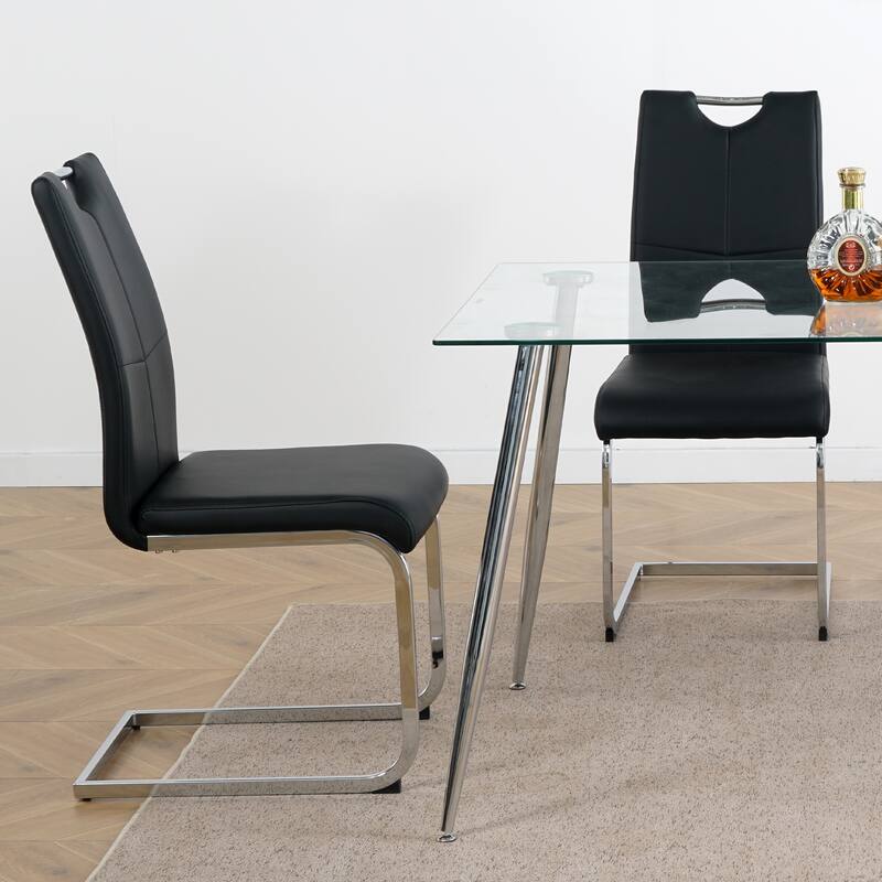 Modern Dining Chairs with Faux Leather Padded Seat - Black+Silver - Set of 2