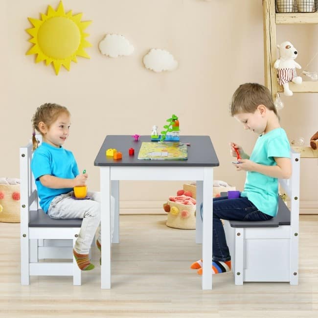 4 Pieces Kids Wooden Activity Table and Chairs Set with Storage Bench and Study Desk - 27.5" (L) X 19" (W) X 20" (H)