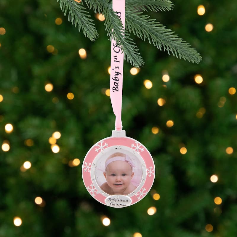 3" Pink Silver-Plated Baby's First Christmas Photo Ornament