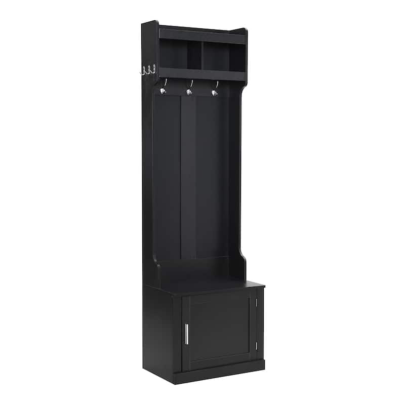 Multi-functional Wood Coat Rack with Cabinet and 6 Hanging Hooks