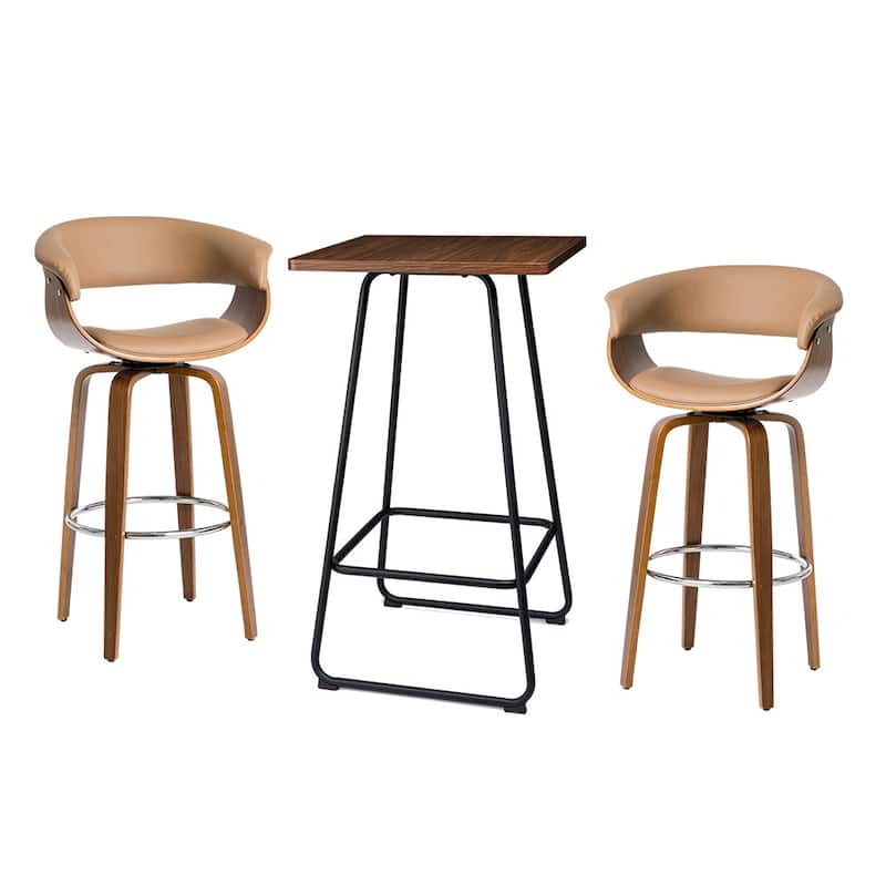 Glitzhome Small Space Set of 3 Swivel High Bar Stool Kitchen Chairs & Square Wood Top Pub Table - Brown Table & Brown PU Chairs