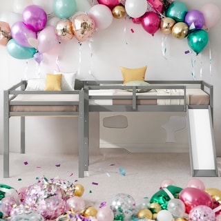 L-Shaped Twin Size Loft Bed with Ladder and Slide, Gray