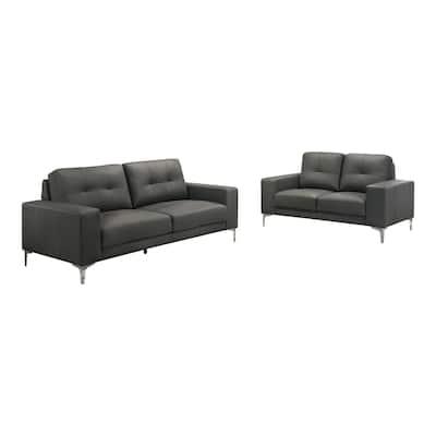 Moa 2pc Loveseat n Sofa Set, Chrome Legs, Anthracite Gray Full Leather