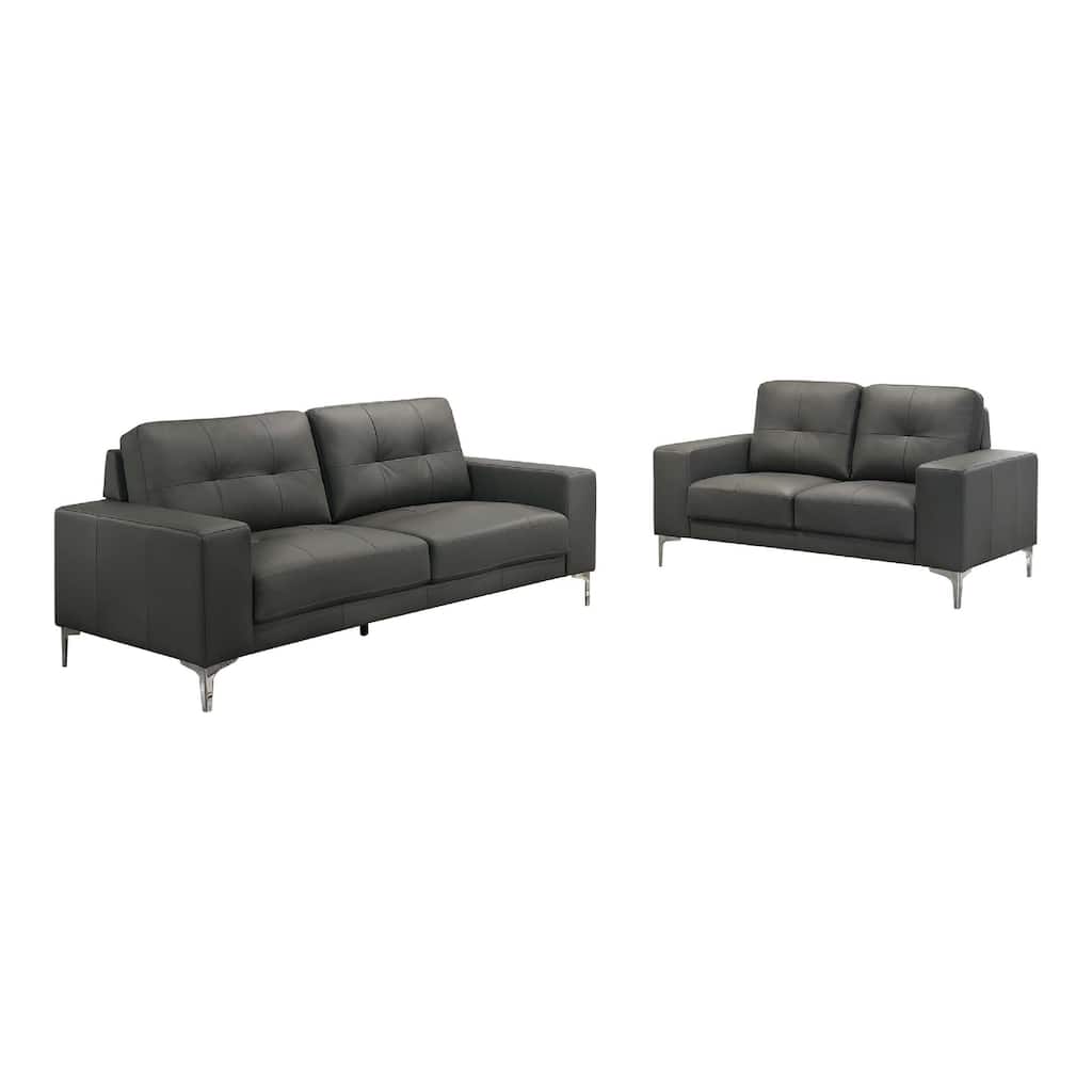 Moa 2pc Loveseat n Sofa Set, Chrome Legs, Anthracite Gray Full Leather