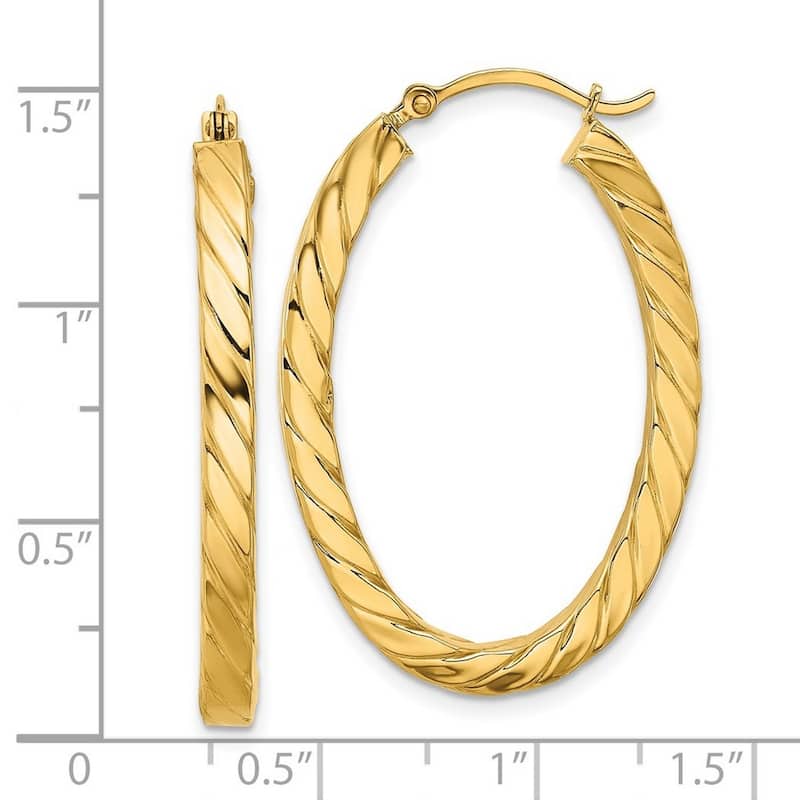 Curata 14k Yellow Gold Polished and Twisted Square Tube Oval Hoop Earrings - 37.54x25.2mm