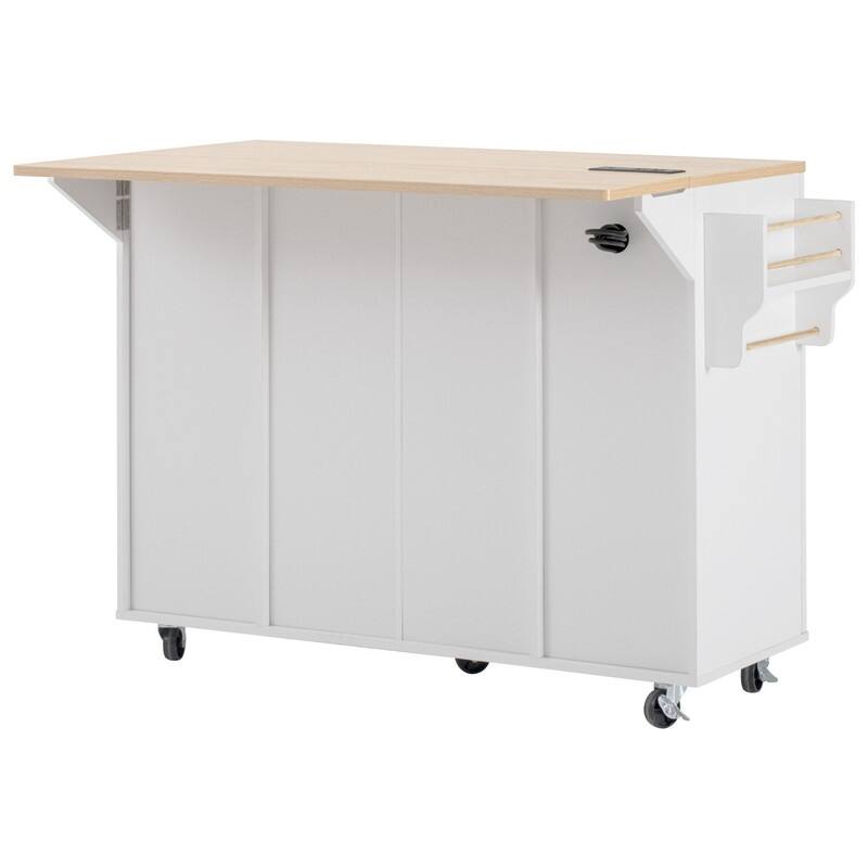 Fluted 55.5" Kitchen Island with Drop Leaf, Rolling Island Table with Drawers, Power Outlet for Functional Kitchen Organization