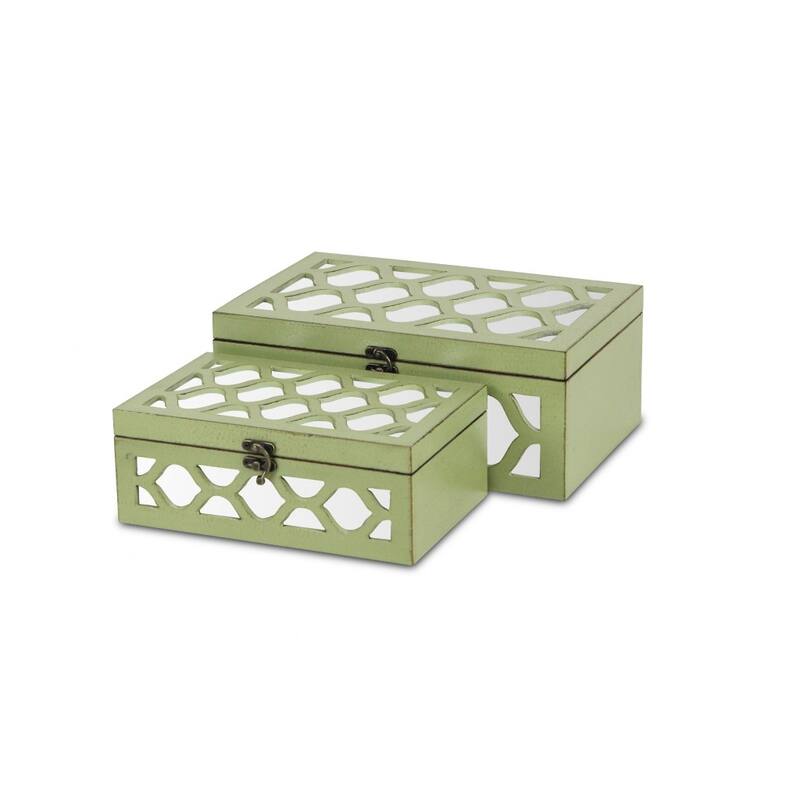 HomeRoots Set of Green Quatrefoil Mirror Jewelry Storage Boxes