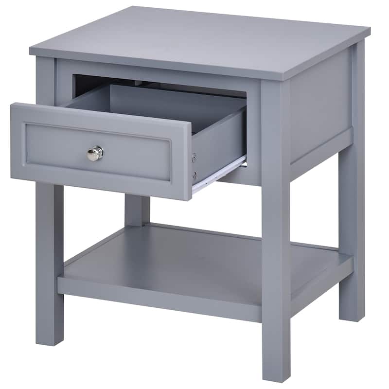 HOMCOM Accent End Table Nightstand with Grey Tabletop, Storage Drawer, and Bottom Shelf