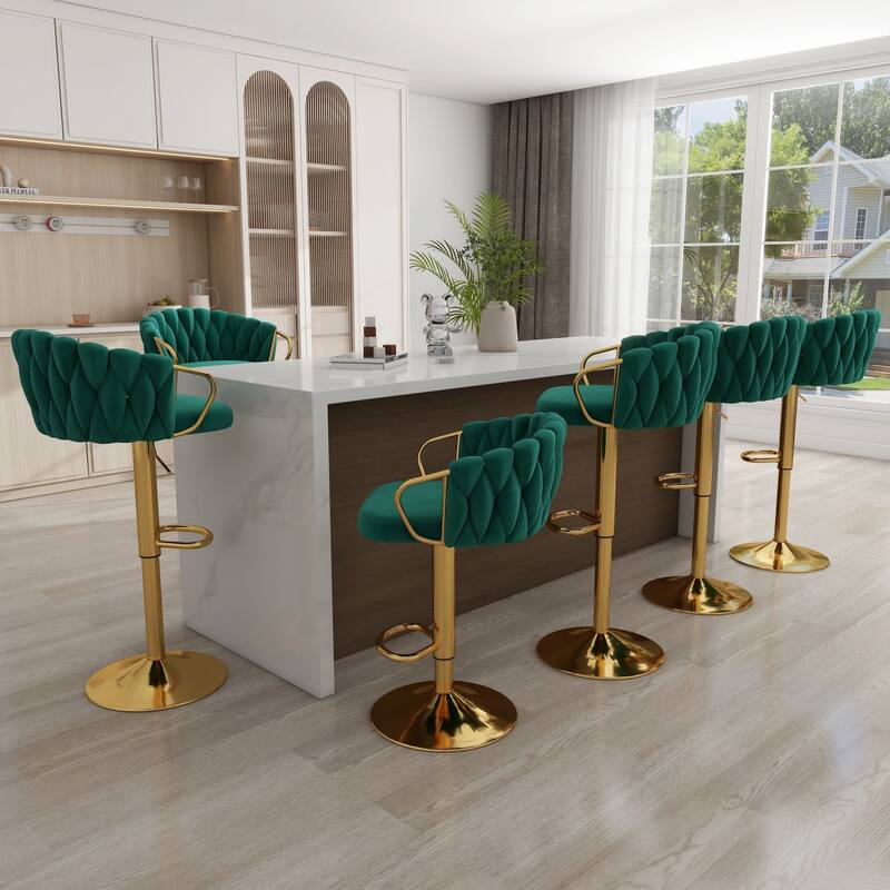 Set of 4 Bar Stool Adjustable Height Swivel Velvet Woven - Dark Green - Set of 6