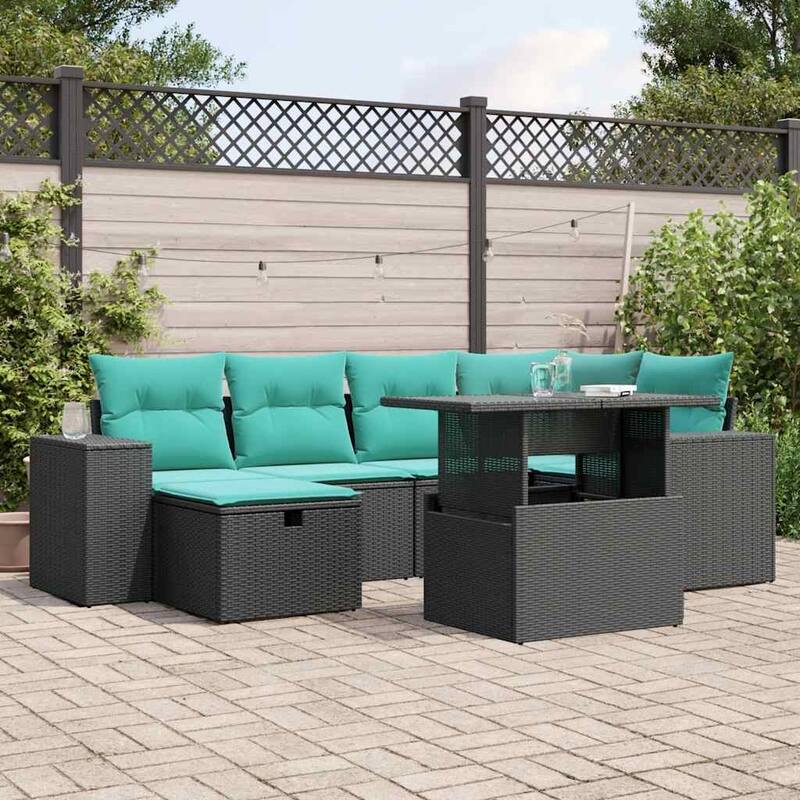 vidaXL Patio Sofa Set with Cushions Sectional Couches 7 Piece Poly Rattan - 24.4 x 24.4 x 27.2 - Black-without storage