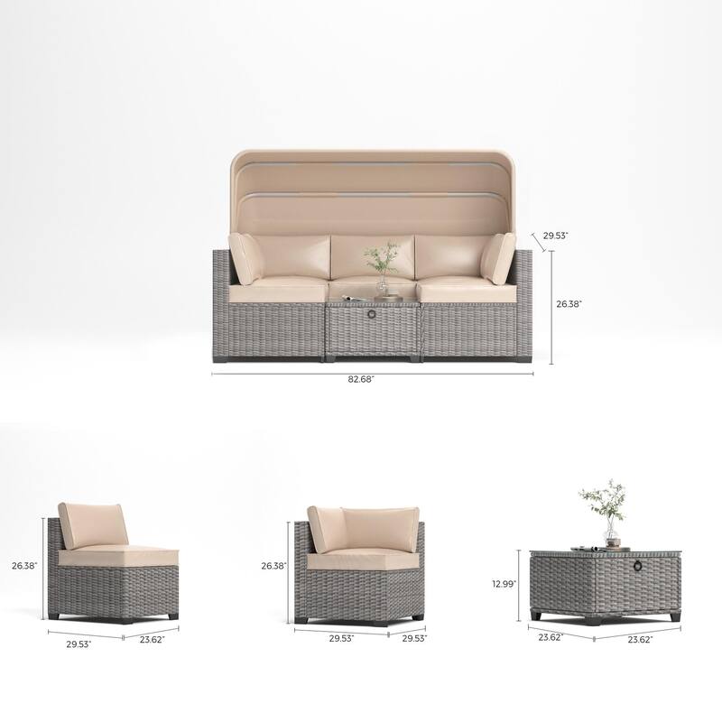 6 Piece Patio Sectional Sofa Set, PE Rattan Daybed with Retractable Canopy, Patio Lounge Set with Adjustable Backrests