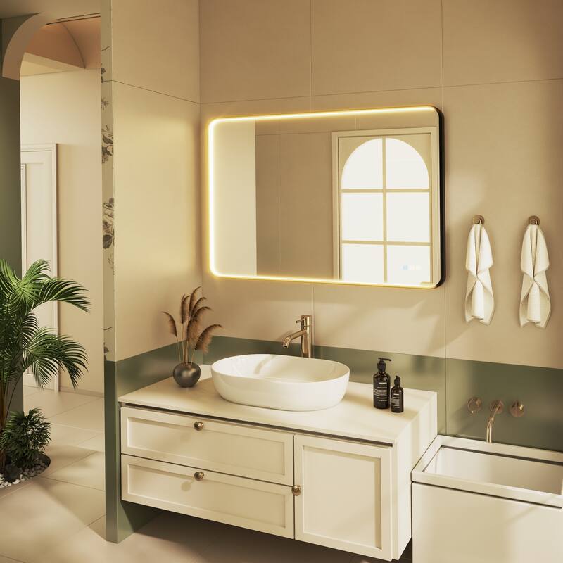 Organnice Rectangular LED Aluminum Black Framed Light Rounded Wall Mirror with Front Light