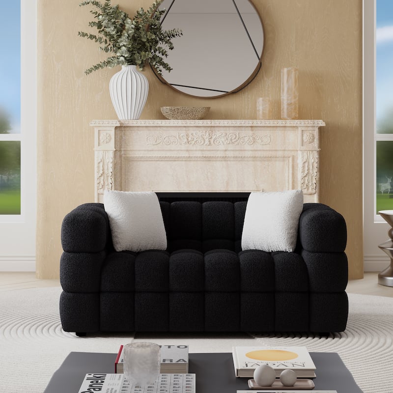 Wayna Modern Style Sofa, Sherpa Thick Cushion Double Loveseat - N/A - Black
