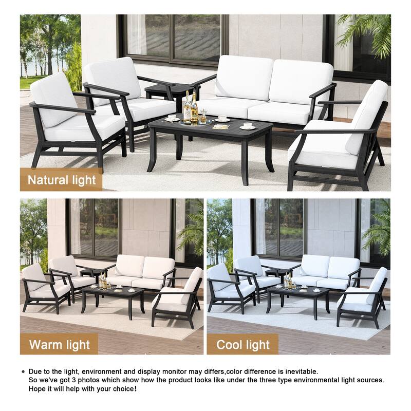 Teak Outdoor Patio Conversation Set with Cushions and Tables (6-Piece)