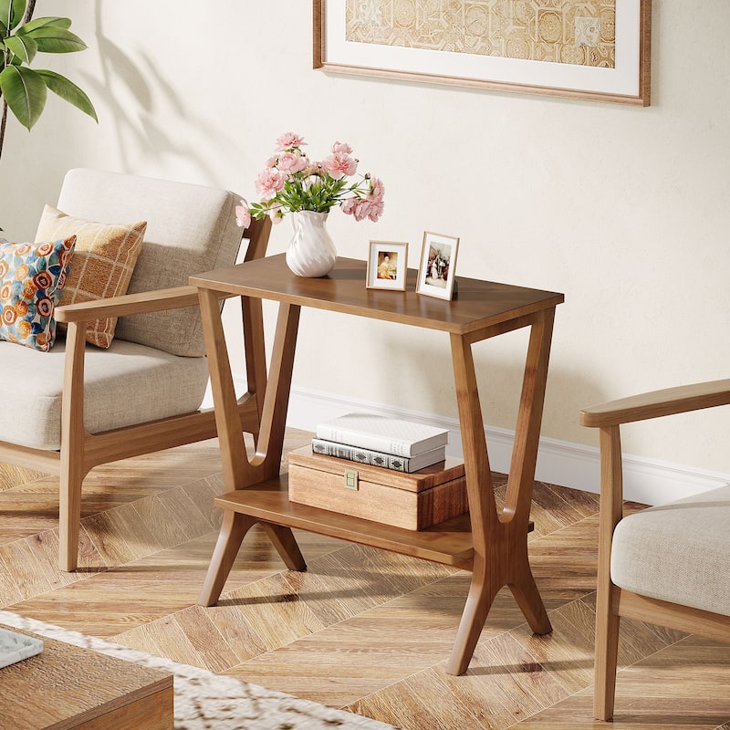 2-Tier Solid Wood End Table for Living Room with Sturdy Legs