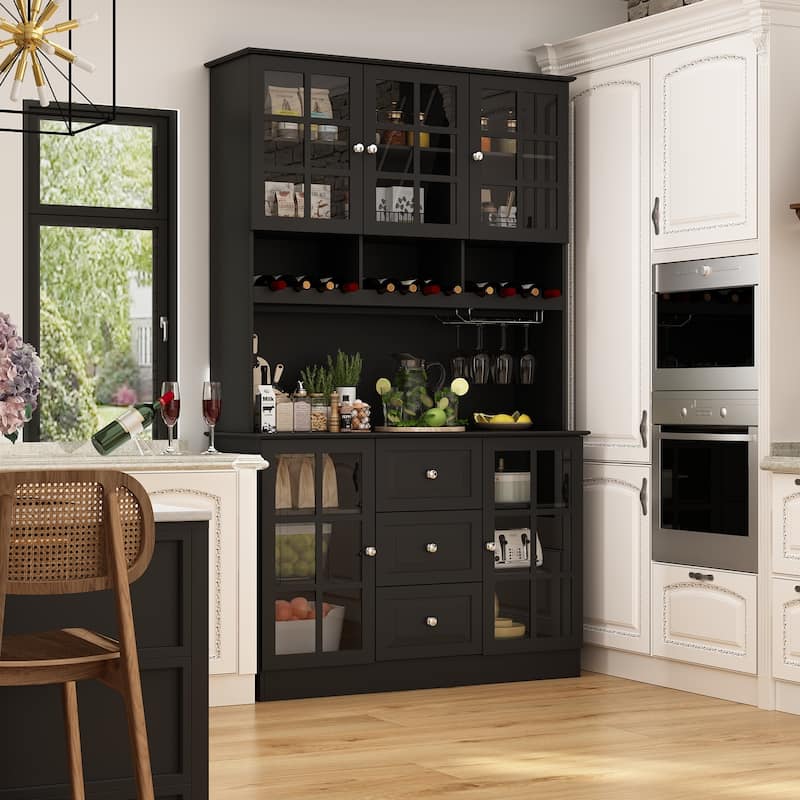 79"Pantry Storage Cabinet Glass Doors Sideboard Buffet Cabinet Lacquer