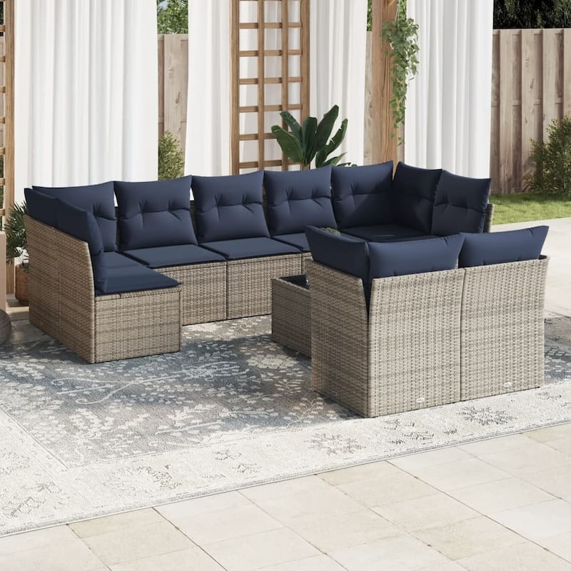 vidaXL 9/10 Piece Patio Sofa Set with Cushions Black/Brown/Gray Poly Rattan - 21.7 x 24.4 x 27.2 - Beige and gray With table