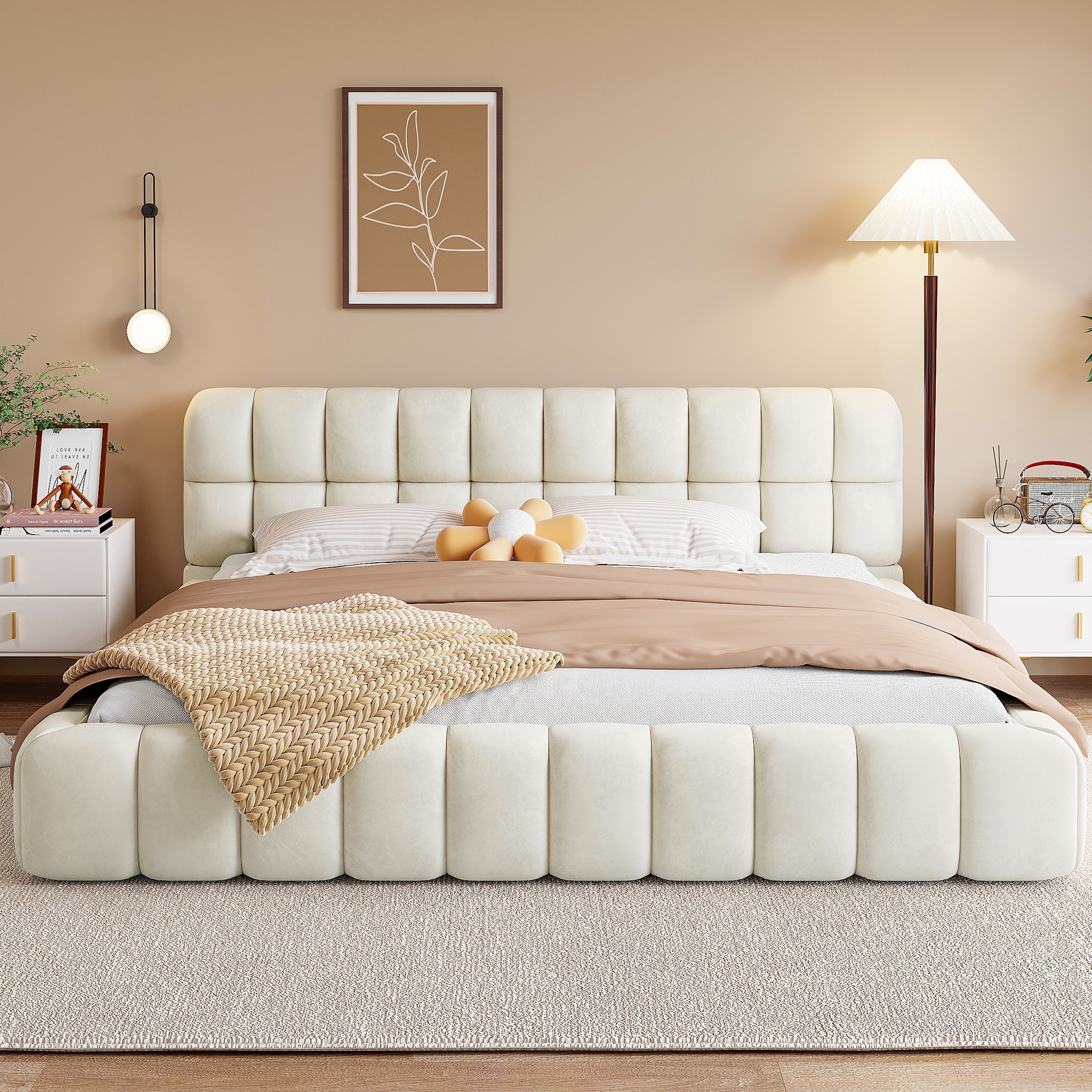 King Size Upholstered Grounded Platform Bed with Thick Fabric & Solid Metal Frame