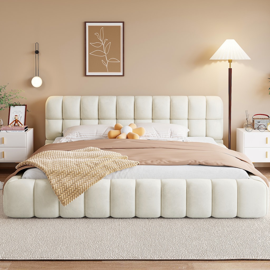 King Size Upholstered Grounded Platform Bed with Thick Fabric & Solid Metal Frame