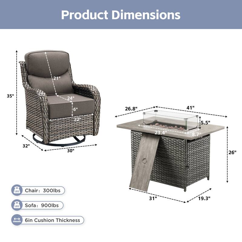 Arcadia 5-Piece Patio Conversation Set with 4 Swivel Glider Chairs and Wicker Fire Pit