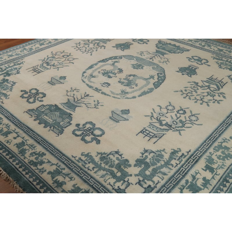 Art Deco Indian Square Area Rug Handmade Wool Carpet - 8'0" x 8'0"