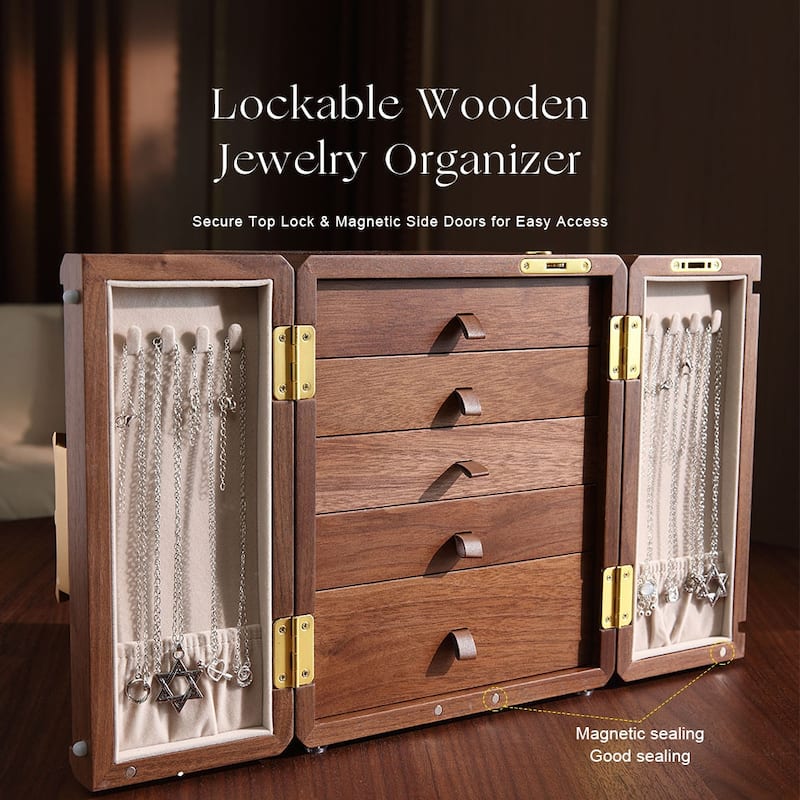 Modern Walnut Color Double-Door with Begonia Locking 5-Layer Jewelry Box - 9.06