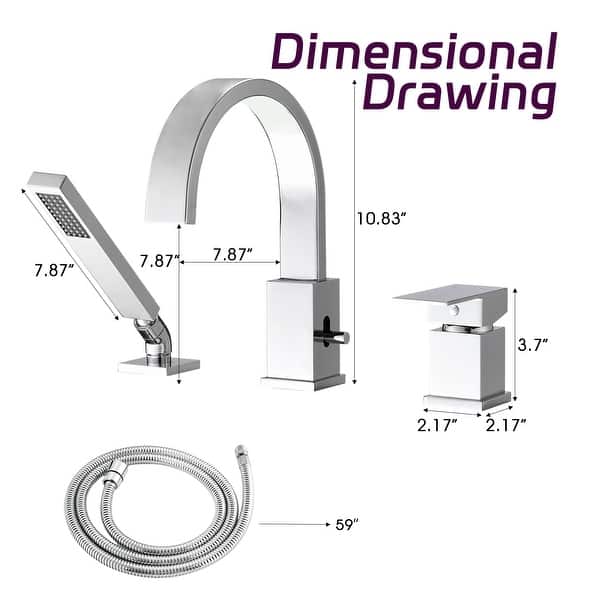 dimension image slide 0 of 4, PROOX Deck Mount 3 Hole Roman Tub Faucet with Hand Shower