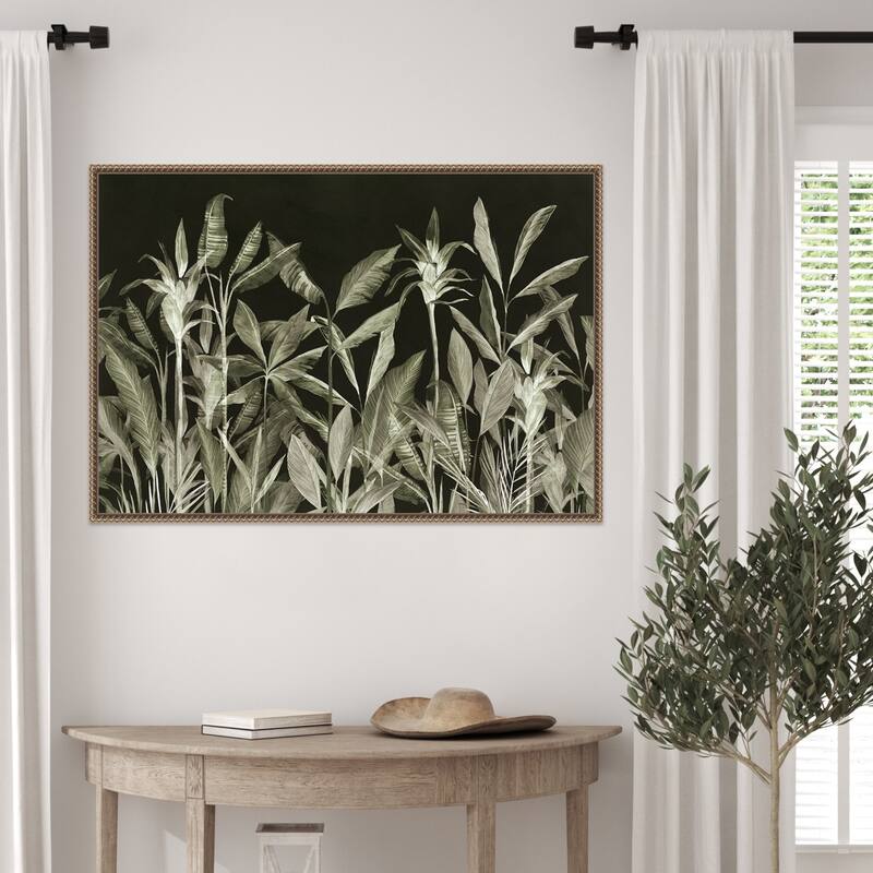 Monochrome Jungle Leaves at Night by Aria K Framed Canvas Wall Art Print