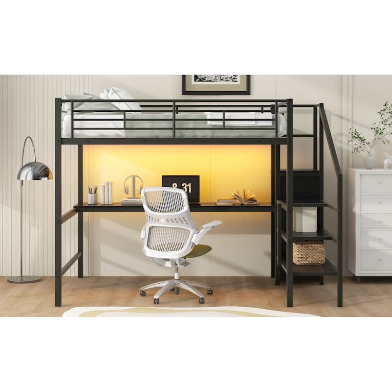 Black Metal Loft Bed Frame with Desk, Wardrobe, Storage Staircase, LED Light, Full Size Hight Bedframe with Metal Slat Support