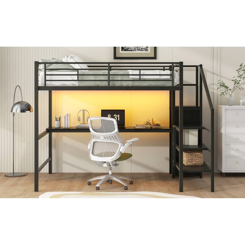 Full Size Metal Loft Bed with Desk, Storage Staircase, Small Wardrobe, and LED Light