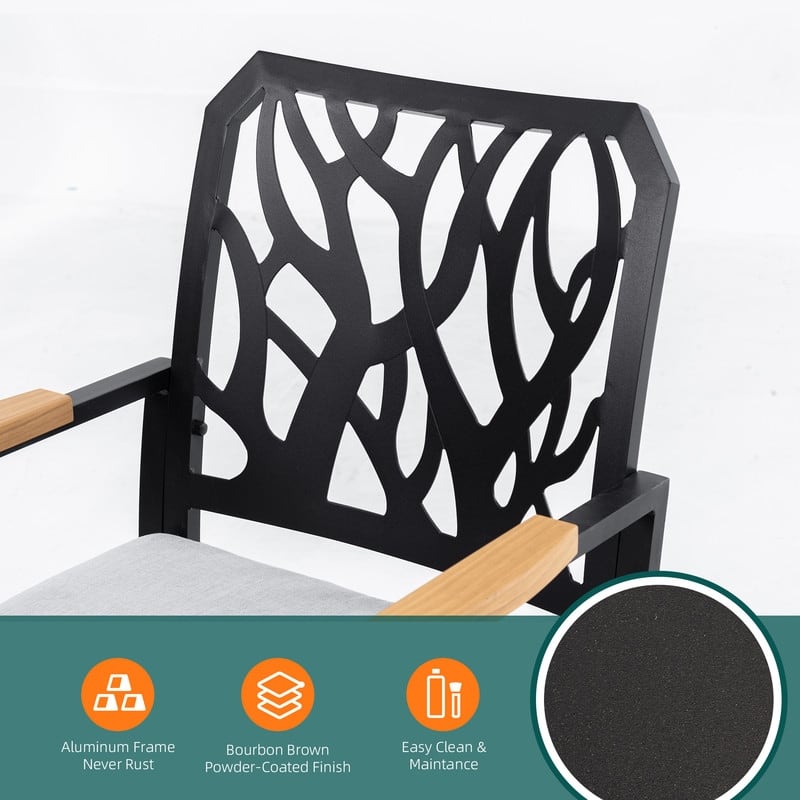 2 Outdoor Patio Aluminum Swivel Rockers: Sunbrella Cushions, Branch-Like Backrests, FSC-Certified Wood Armrests, Bourbon Brown.