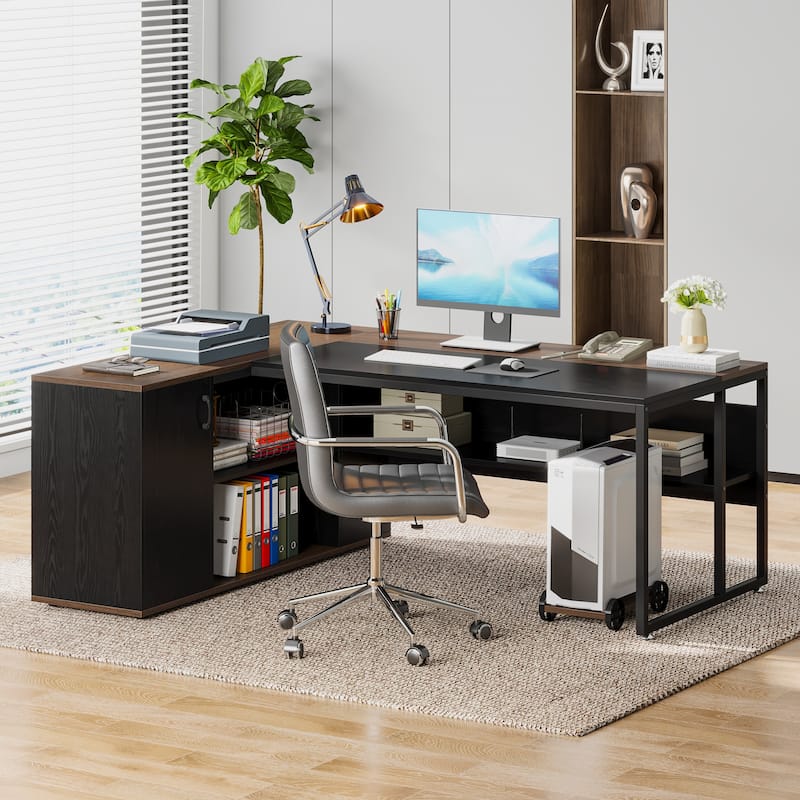 71 inch L Shaped Executive Desk with Cabinet, Corner Computer Desk (Rustic Brown) - Rustic Brown/Black