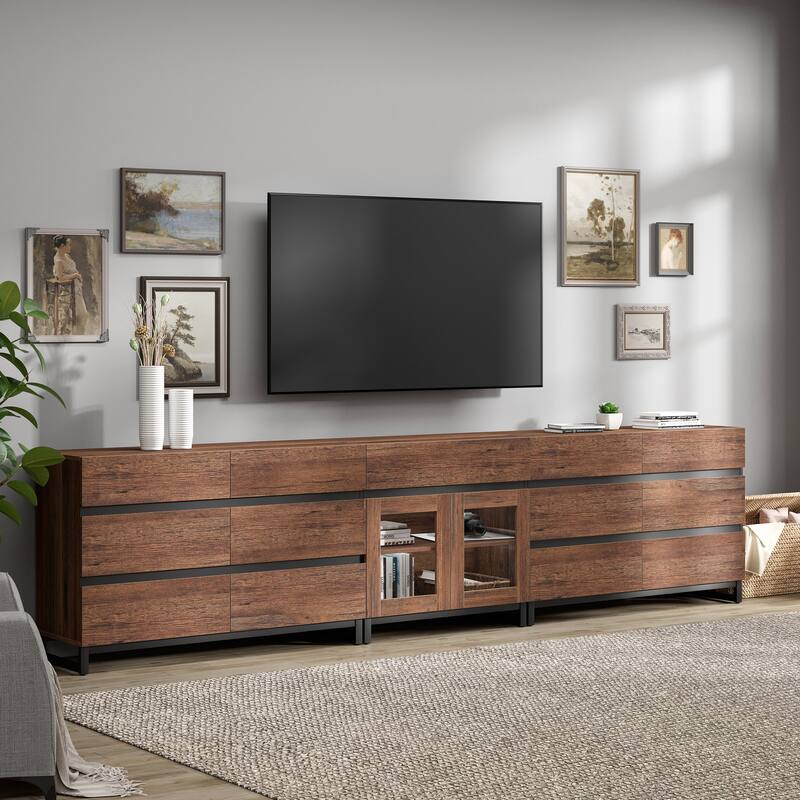 3 in 1 TV Stand for TVs up to 120 inches, Modern TV Console with Glass Doors and 13 Drawers for Living Room - 126 inches - Brown